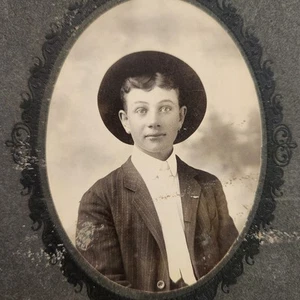 Antique Cabinet Card Photo Boy Wearing Hat 1900s Black & White Photography - Picture 1 of 8