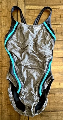SZ 8 Womens one piece Racing Diving swimsuit 7723053 Gray Black Racerback Teal - Image 1 of 4