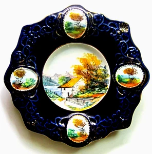 RB Alcobaca Portugal Arte Cerámica Decorativa Placa Cobalto Borde Dorado Pintado a Mano - Imagen 1 de 7