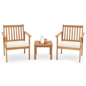 3 Pcs Backyard Acacia Wood Furniture Chair Set w/ Soft Seat Cushion Coffee Table - Picture 1 of 9