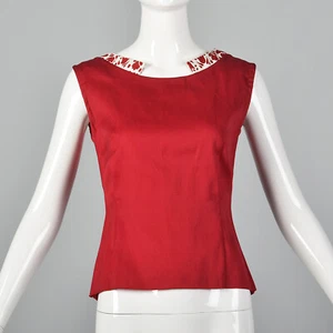 XXS 1950s Red Cotton Shirt Sleeveless Vintage Floral Collar Button Back Top - Picture 1 of 10