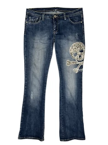 Pantalones de mezclilla vintage Pepe Jeans para mujer 32 acampanados tiro bajo calaveras pedrería Y2K - Imagen 1 de 7