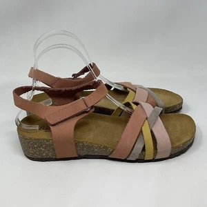 Bio Gold Cork Wedge Sandals Womens 9 Rose Pink Leather Ankle Strap Casual - Picture 1 of 14
