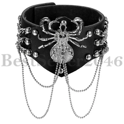 Punk Rock Motociclista Correa Ancha Cuero Araña Pulsera Cadena Pulsera Ajustable Foto 1 de 4