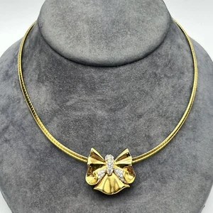 Vtg Goldtone Omega Necklace Bow Bowtie Pendant Rhinestone Crystal Pendant 16" - Picture 1 of 6