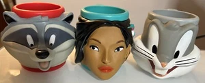 3 Vintage 1990s Disney Pocahontas, Raccoon & Bugs Bunny Face Cups By Applause - Picture 1 of 21
