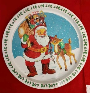 Vintage Christmas Tin Cookie Tray Decor Santa and Rudolph Red Nose Reindeer 13" - Picture 1 of 9