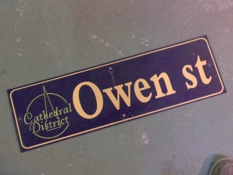 Vintage OWEN ST Cathedral District Street Sign 30" X 9" - GOLD on NAVY Ground Cover