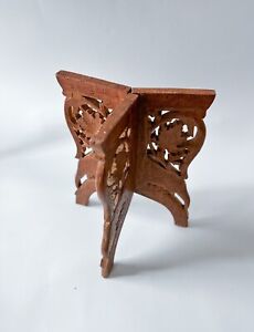 Vintage Detailed Hand Carved Wood 3 Leg Folding Stand India Scroll Work Hinged