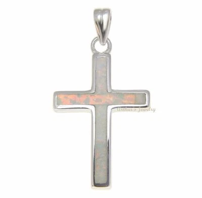 COLGANTE CON DIJE DE CRUZ DE ÓPALO BLANCO INCRUSTADO PLATA DE LEY 925 MACIZA 16,30 MM Foto 1 de 2