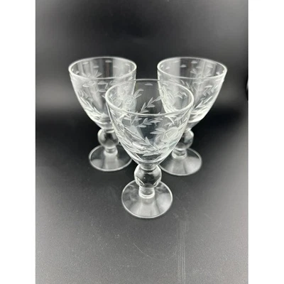 Vintage Etched Floral Cordial Glasses Set of 3 Elegant Stemmed Liquor Wine - Image 1 of 4