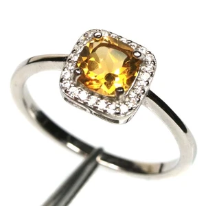 925 Sterling Silver 6 x 6 mm. Yellow Citrine & Zircon Ring Size 7.5 - Picture 1 of 4