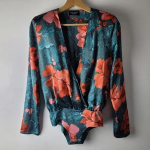 Zara Women Size S Green Red Floral Satin Bodysuit Top Draped Smart Casual Formal - Picture 1 of 12