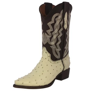Mens Off White Rodeo Cowboy Boots Ostrich Print Leather Western Ranch Wear J Toe - Picture 1 of 5
