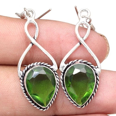 Peridot Quartz Gemstone Handmade Gift For Her Silver Jewelry Earrings 2" - Image 1 of 4