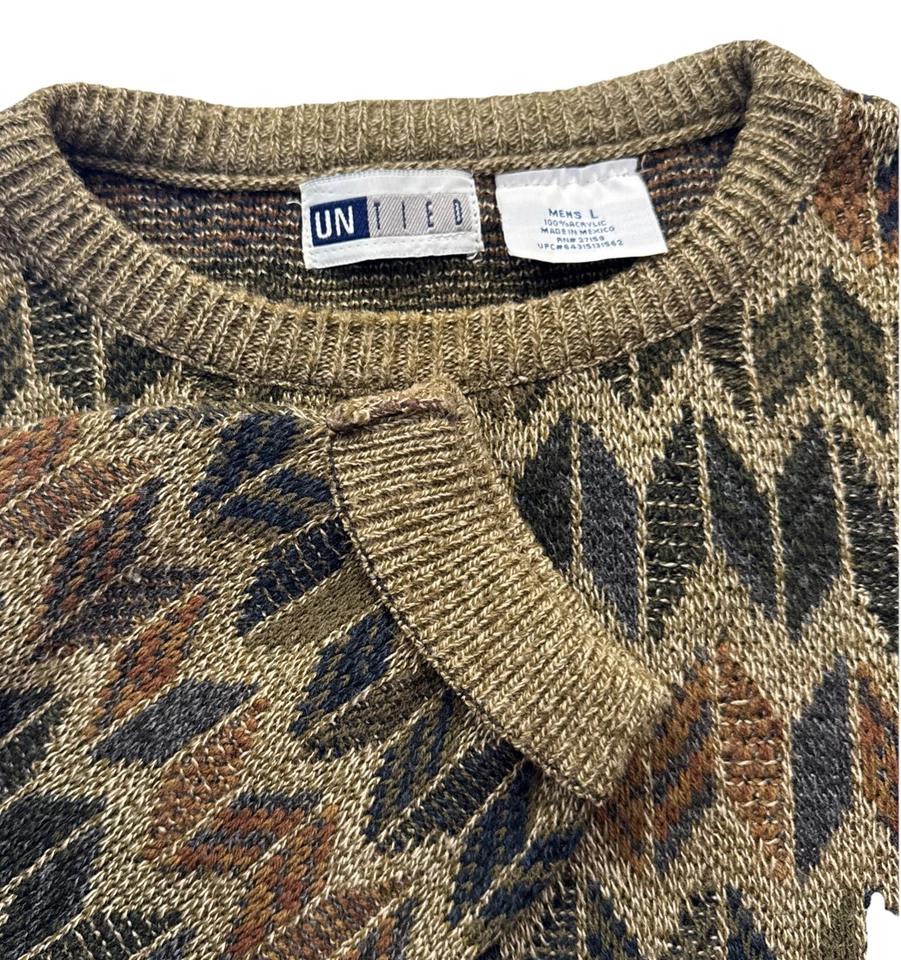 复古 80/90 年代爷爷/Cosby/Biggie/Coogie 风格几何男式毛衣 L — 第 1/4 张图片