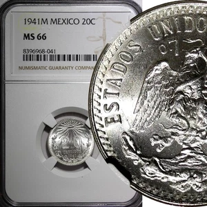 MEXICO Silver 1941 M 20 Centavos Radiant Liberty cap NGC MS66 GEM BU KM# 438 (1) - Picture 1 of 5