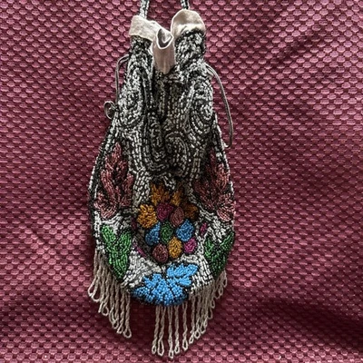 Early 1900’s Antique Multi Colored Beaded Purse Floral Satin Drawstring Purse - Image 1 of 4