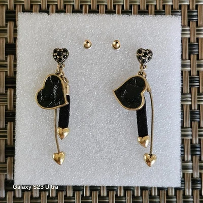 PILGRIM Danish Black Hearts  Dangle Earrings Rhinestones Faux Leather Suede Gold - Image 1 of 4