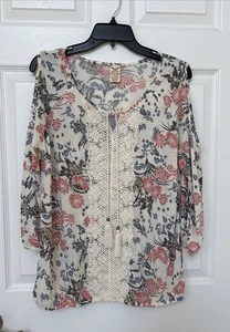 Faded Glory Women's 3/4 Sleeve Peasant Top Floral Multi Color Size L - Picture 1 of 5