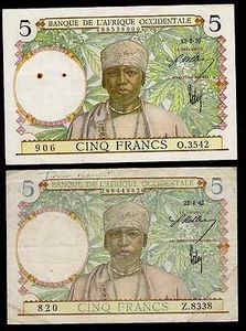 FRENCH WEST AFRICA - P21 & P25 - 5 FRANCS - AU & VF - 1937 & 1942 ISSUES  - Picture 1 of 1