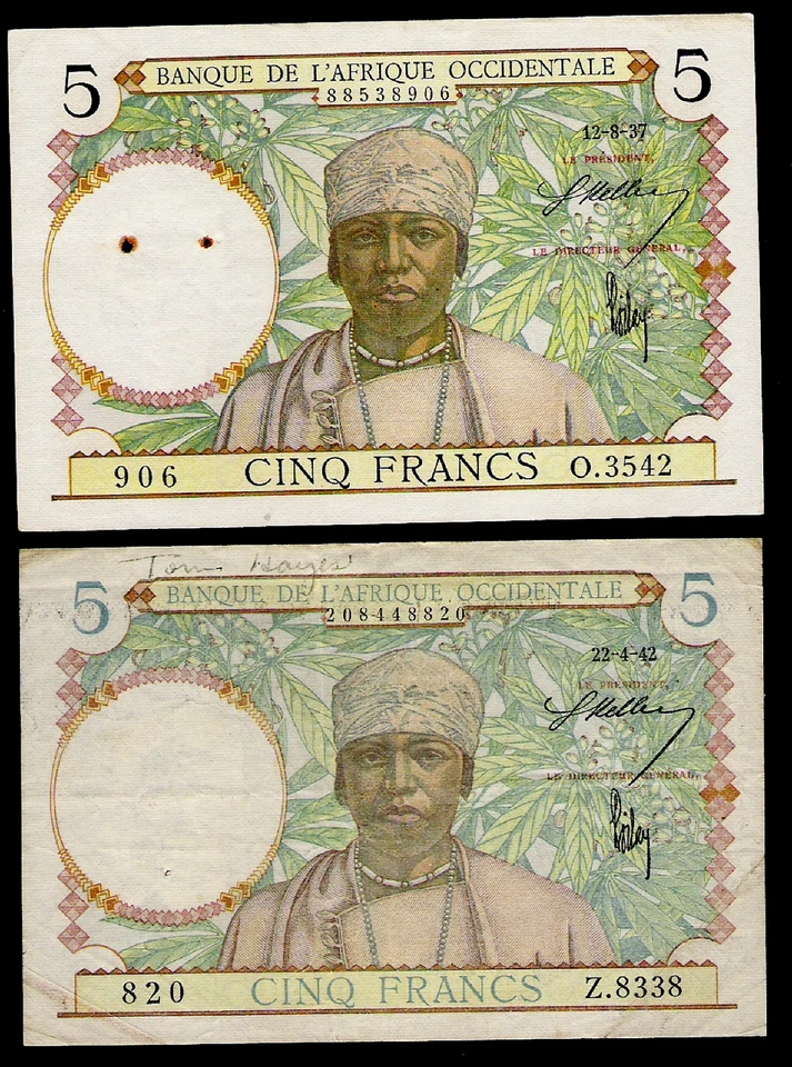 FRENCH WEST AFRICA - P21 & P25 - 5 FRANCS - AU & VF - 1937 & 1942 ISSUES  - Image 1 of 1