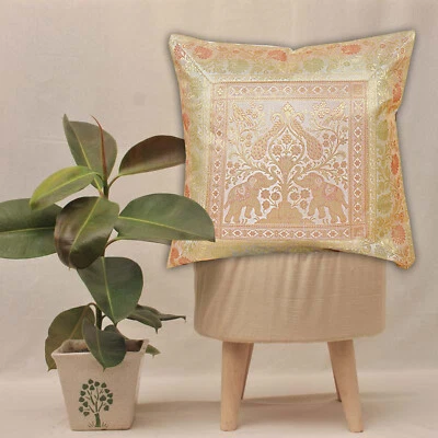 Indian Pillow Cover Elephant Print Brocade Silk Cushion Cover Home Decor 16" - Image 1 of 4