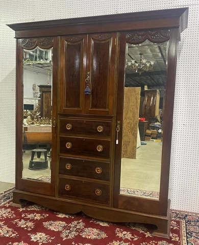 Antique English Triple Section Solid Mahogany Armoire Wardrobe Chest Circa 1890 Cover