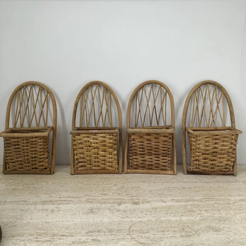 Vintage Hanging Wicker Rattan Basket Lot of 4 Plant Holder Natural 11 x 6 Bamboo Cover
