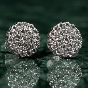 Large Round VVS Lab Grown Diamond 14K White Gold 1.05Ct Flower Cluster Earrings - Picture 1 of 7