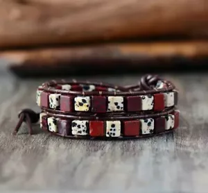 Dalmatian & Red Jasper Bead Friendship Bracelet Wrap Surf Beach Chakra Leather - Picture 1 of 4