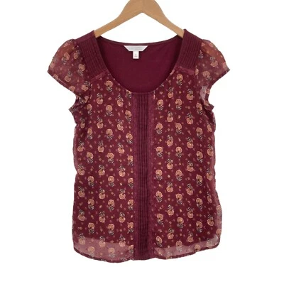 LC Lauren Conrad Women's Maroon Floral Cap Sleeve Pullover Blouse Top Size Small - Image 1 of 4