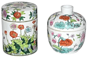 2 Antique Chinese Porcelain Jars With Lids Enamel Poppy Peony Flowers - Picture 1 of 8