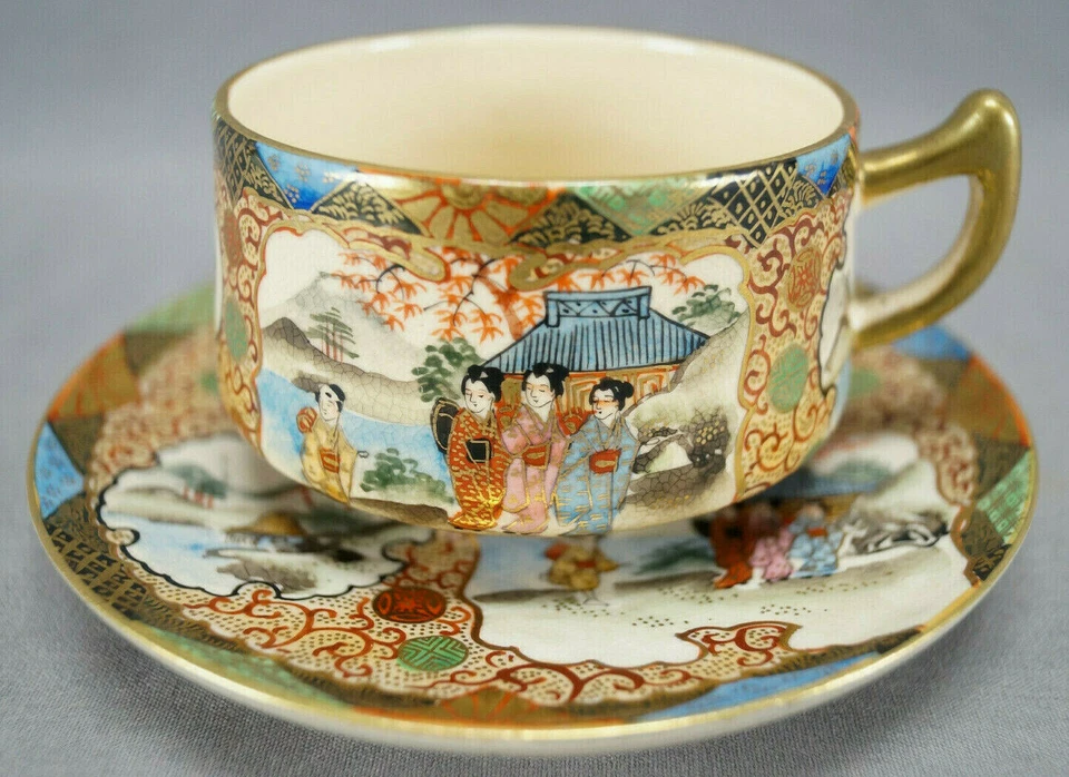 Antique Satsuma Meiji Hand Painted Japanese Aesthetic Style Tea Cup & Saucer - Image 1 of 4