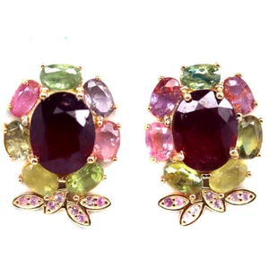 925 Sterling Silver 8 x 10 MM. Red Ruby, Tourmaline & Sapphire Earrings - Picture 1 of 4