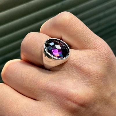 Anillo clásico ovalado de amatista de plata, anillo de piedras preciosas de amatista para hombre Foto 1 de 4
