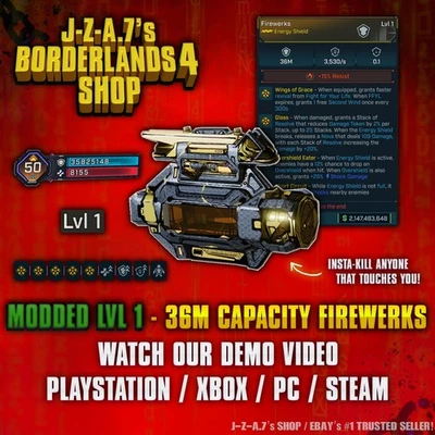 Borderlands 4✨ MODDED LEVEL ONE 36M ANGRY GOD SHIELD FIREWERKS BL4 ✅PC-PS-XBOX✨ - Image 1 of 2