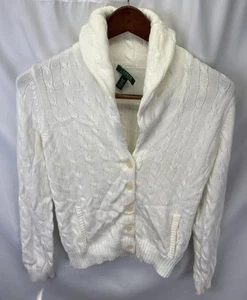 Lauren Ralph Lauren Women’s M Sweater Cardigan Cable Knit Shawl Collar Ivory - Picture 1 of 9