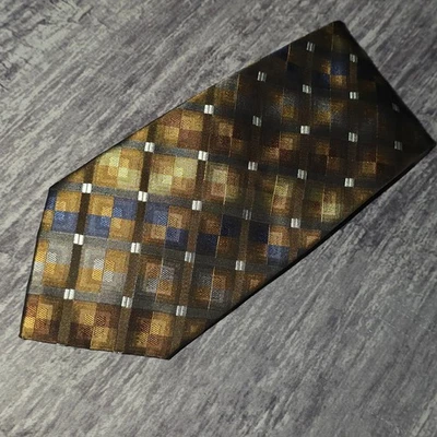 Corbata de seda a cuadros azul dorado marrón hecha a mano Fusion para hombre Foto 1 de 4