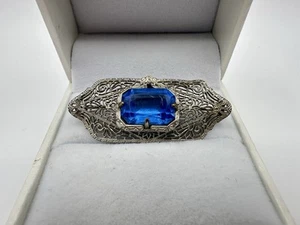 VTG Antique White Metal Filigree Blue Czech Glass? Unsigned Brooch Pin Read - Picture 1 of 13