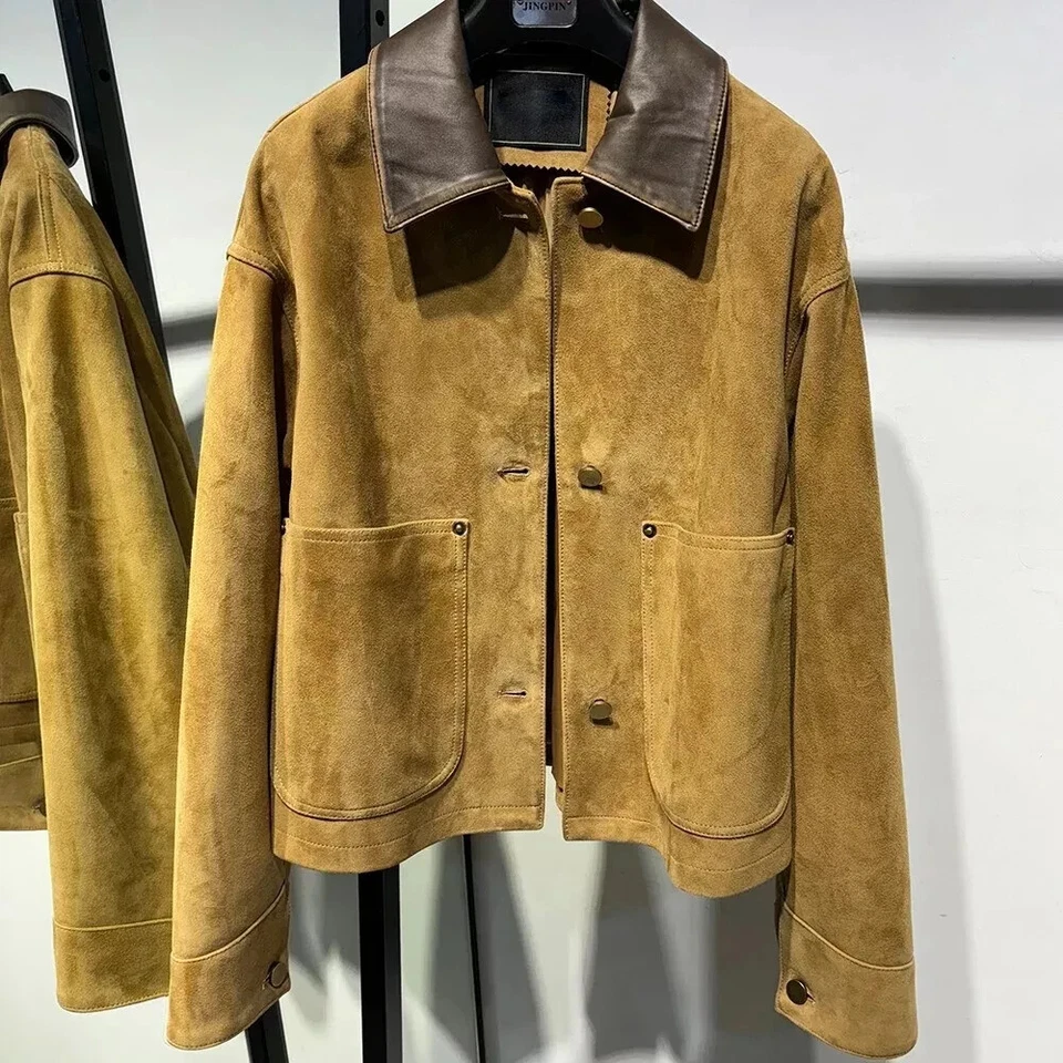 Women's Real Suede Leather Short Biker Jacket Beige Cropped Jacket With Pockets - Image 1 of 4