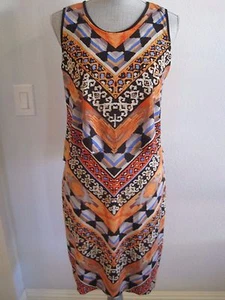 NWT BEIGE BY ECI SMALL Orange Multi Color Geometric Sleeveless Dress MSRP $79. - Picture 1 of 8