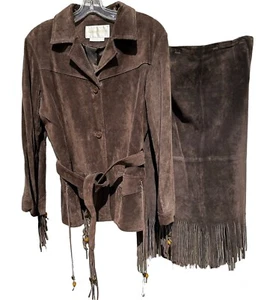 Vintage MARGARET GODFREY Genuine Leather Suede Fringe 2-PC Coat Skirt Set Size M - Picture 1 of 8