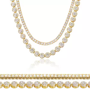 Men's Gold Toned Full Iced 24" Flower Chain & 22" Tennis Chain Necklace Set - Picture 1 of 5