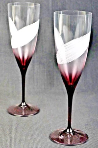 CZECH REPUBLIC CRYSTAL Amethyst Champagne Flute Glass Etched Lines Set/2 New - Picture 1 of 5