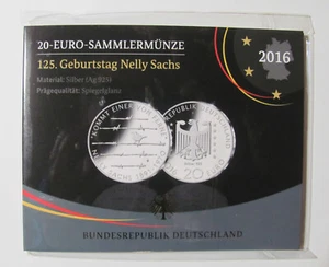 BRD 2016 F 20 Euro Sammlermünze "Nelly Sachs" Silber Ag .925 Spiegelglanz PP OVP - Bild 1 von 3