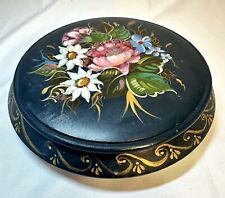 Hand Painted Signed Floral 8” Round Wooden Trinket Jewelry Box 90’s Shallow