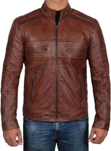 Chaqueta de cuero real Decrum para hombre - Chaqueta de cuero marrón para motocicleta *LEER* - Imagen 1 de 9