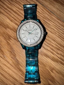 RARE EMERALD GREEN FOSSIL RHINESTONES CHRONO NUMBERS STELLA WATCH New Battery! - Picture 1 of 4