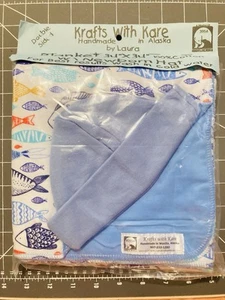 Handmade Double Sided Blue Baby Blanket Fish Print & Matching Hat 34"x34" NEW - Picture 1 of 5